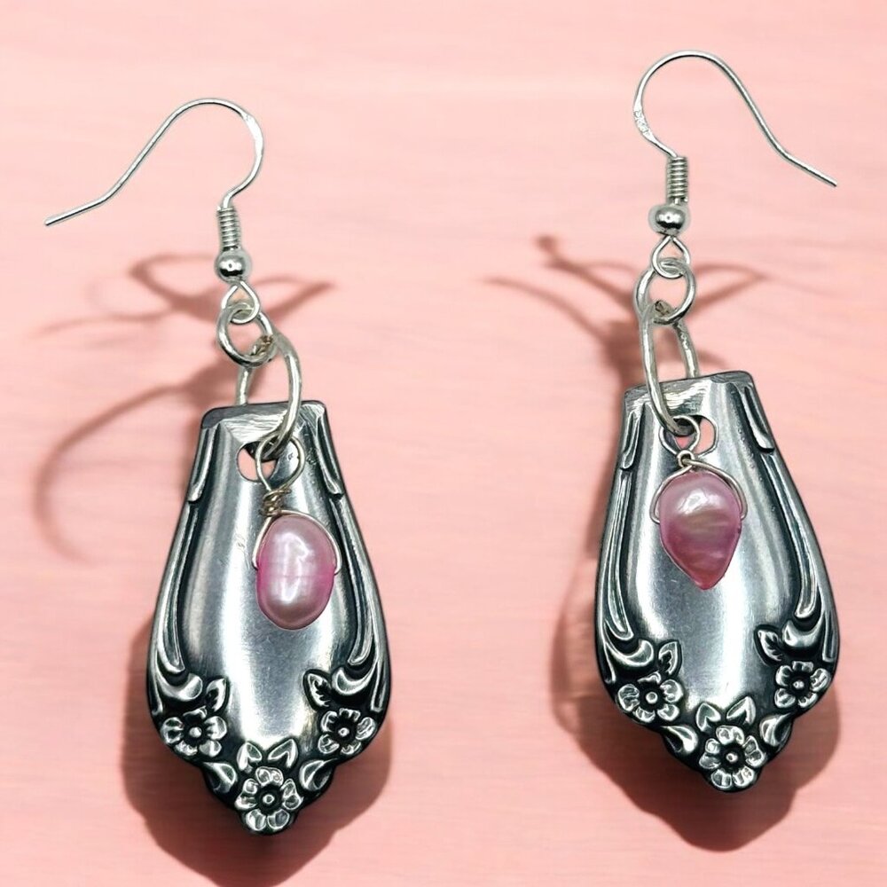 Handcrafted Spoon Earrings With Pink Freshwater Pearls & 925 Silver Hooks - Picture 6 of 11